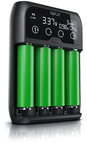Aplic - Caricabatterie universale batterie litio Li-ion NI-MH NI-Cd LiFePo4 18650 AA e AAA - Carica 4 diversi tipi di batteria contemporaneamente - Display LCD con info di carica in tempo reale - Nero