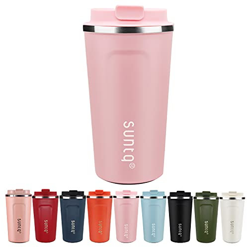 SUNTQ Kaffeebecher to go aus Edelstahl - Thermobecher Doppelwand Isoliert - Kaffeetasse mit Auslaufsicherem Deckel Wiederverwendbar (Rosa, 510ml)