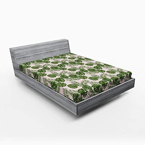ABAKUHAUS Tropisch Spannbetttuch, Monstera Blatt Palme, Soft Dekorativer Stoff Bettwäsche Rund-um Elastischer Gummizug, 180 x 200 cm, Grün Baby