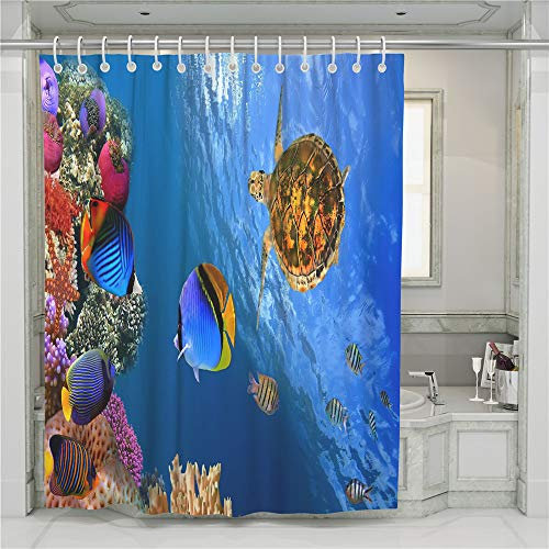 Enhome Waschbar Duschvorhang mit 12 Duschvorhangringe, Wasserdichter Anti-Schimmel Duschvorhang aus Polyester 3D Ozean Unterwasserwelt Druck Badezimmer Bad Vorhang (180x200cm,Blaues Meer B)