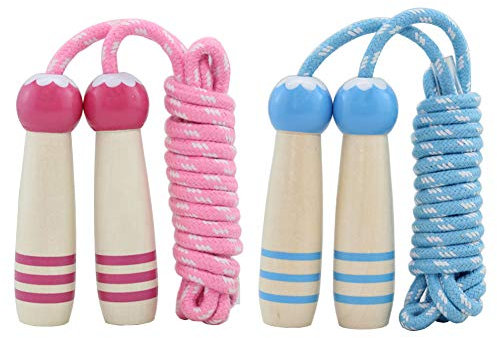 Springseil für Kinder, 2 Stück, verstellbares Springseil mit Holzgriff, geflochtenes Baumwollspringseil für Jungen und Mädchen, Fitness, Outdoor-Übung