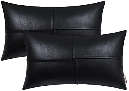 BRAWARM Lendenkissenbezüge aus Kunstleder, 30,5 x 50,8 cm, schwarz, 2 Stück, handgenäht, dekoratives Dekokissen für Couch, Sofa, Bett, Wohnzimmer, Zuhause, Garten