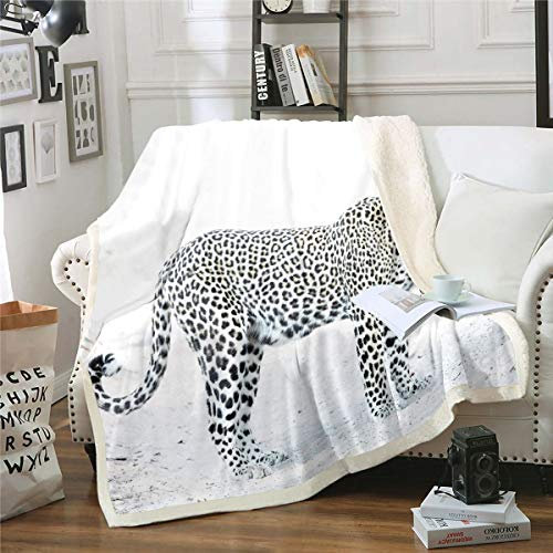 Loussiesd Leopard Kuscheldecke 130x150cm Weißer Geparddruck Flanell Fleecedecke für Sofa Wildtier Thema Wohndecke Winter Wildlife Stil Ultra weiche Decke
