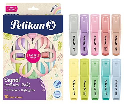 Pelikan Signal Pastel, Evidenziatori Pastello Colori Assortiti, a Base d'Acqua, Lavabili, Idonei al Contatto con la Pelle, 3 Larghezze di Tratto, Pacco da 10 Pezzi