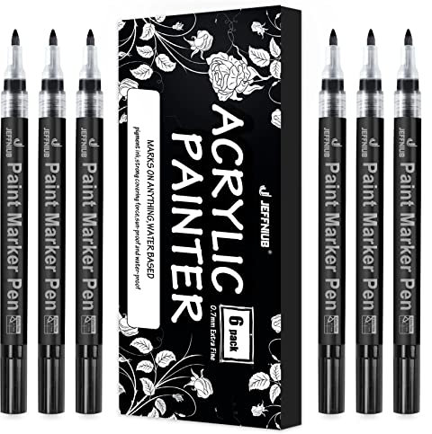 JEFFNIUB Acrylstifte Marker Stifte,Schwarz Permanent Marker Wasserfeste Acrylfarben Marker Set für Steine Keramik Holz Metall Papier Glas Stoffe Kunststoff Leder DIY - 0.7mm Spitze 6 Pack