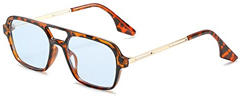 OSAGAMA Vintage Quadratische Sonnenbrille für Damen Herren 70er Jahre Kleine Brille Metallrahmen Leopard/Blau