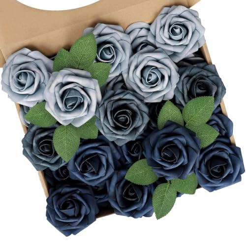 N&T NIETING Artificial Flowers, 25PCS Real Touch Rose Fower with Stem | Fake Roses for DIY Wedding Bouquets Centerpieces Floral Arrangements Party Tables Home Decorations, Navy Blue & Dusty Blue