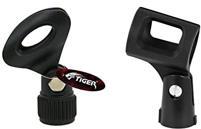TIGER MCA93-BK Quick Release Microphone Clip Adjustable angle Mic Clip Standard 5/8 Thread Black & MCA84-BK Universal Rubber Grip Microphone Clip Black