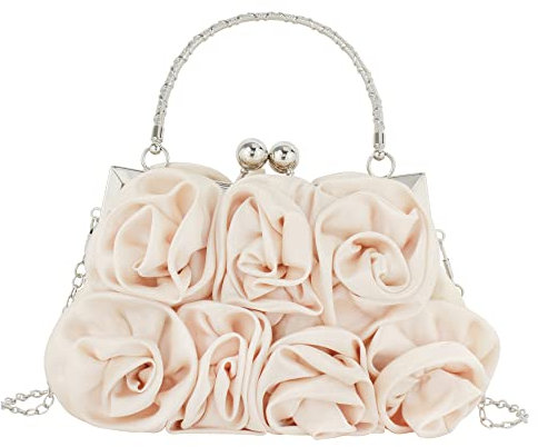 MEGAUK Damen Elegante Handtasche Blumen Clutch Seide Abendtasche Henkeltasche Crossbody Bag mit Kette Kisslock Design (Champagner)