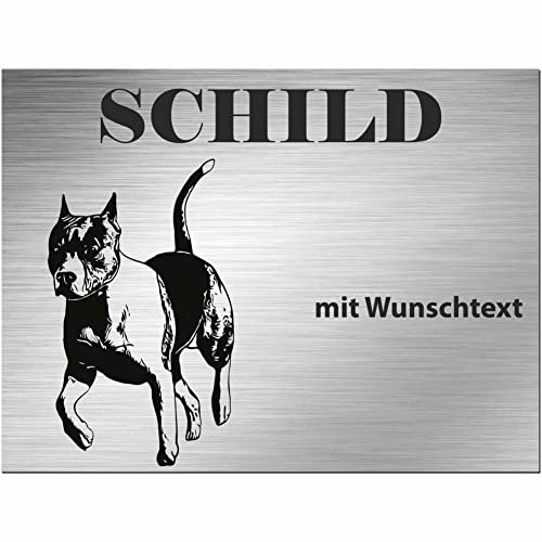INDIGOS UG - Schilder selbst gestalten American Stafford - Wunschtext personalisiert - Aluverbundplatte Edelstahllook - ab 20x15 cm - Spruch - Deko Geschenkidee für Ihren Hund - Zaun - Türschild