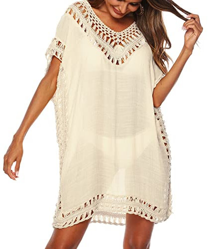 Baynetin Women's Swim Cover-ups Beachwear Hollow Out V-Neck Short Sleeve Crochet Dress Bikini Swimsuit Bathing Suit Cover Up (Apricot)