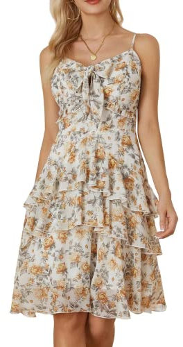 Damen Sommerkleid Ärmelos Bindegürtel Midi-Kleid mit Selbstbindescheif Front Elegant A-Linie Feizeitkleid Blumenmuster Knielang L Gelbe Blumen