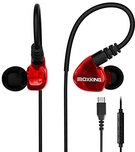 MOXKING USB C Running Sports Earbud, Type C Headphones Wired Over Ear In Ear Headsets Enhanced Bass Stereo Earphones with Microphone and Remote for Running Jogging Gym (RED-TypeC)