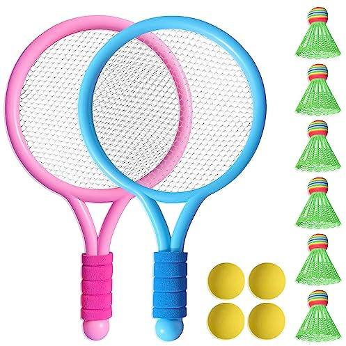 Aoreun Raquetas de Tenis para Niños, Raqueta de Tenis para niños con Bolsa, 4 Bolas de Espuma, 6 Volantes de bádminton, Raquetas de Tenis de Plástico para Niños Deporte Interior Al Aire Libre
