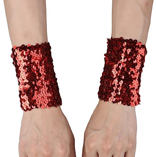 MSemis 1 Paar Damen Glänzende Pailletten Handschuhe kurz Fingerlose Armstulpen Abnehmbarer Wrist Stulpen Stretchy Manschetten Performance Cosplay Kostüm Rot Einheitsgröße