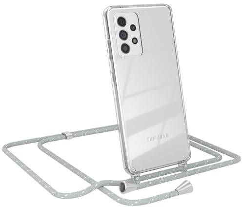 EAZY CASE Handykette kompatibel mit Galaxy A52 Handyhülle mit Umhängeband, Handykordel mit Schutzhülle, Silikonhülle, Hülle mit Band, Stylische Kette für Smartphones, Grau/Weiß - Clips Silber