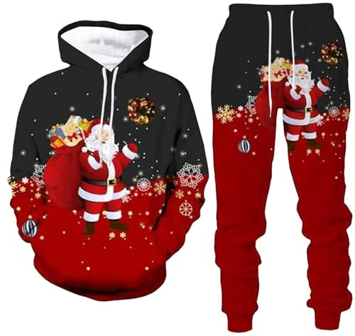 Tuta natalizia da uomo con stampa di Natale, felpa con cappuccio e pantaloni della tuta divertente Babbo Natale, felpa con cappuccio, pantaloni da jogging, 2 pezzi, formale, giacca, blazer, costume, C