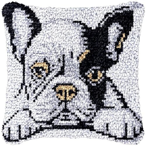 French Bulldog Latch Hook Kits Pillow DIY Rug Crochet Hook Rug Cushion Making Kits with Preprinted Pattern Canvas Easy Starter Christmas Adorment Hooking DIY Kits 43x43cm(d65)