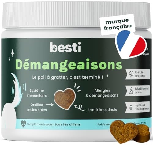 BESTI - Démangeaisons | 75 Compléments Alimentaires Premium pour Chiens | Contre Léchages, Grattements, Mordillements | Omega 3, Probiotiques | Marque Française - Formule Vétérinaire | Saumon | 300g