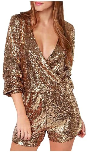 Battnot Pailletten Jumpsuit Damen Glitzer Langarm V-Ausschnitt Kurz Overall Party Playsuit Overall Damen Jumpsuit V-Ausschnitt Langarm Elegant Bodysuit Damen Glänzend Pailletten Jumpsuit Rave Outfit