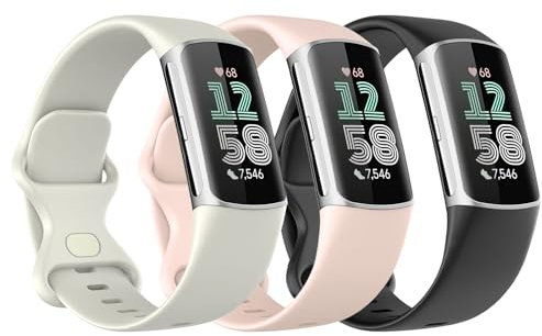 Astorgos 3 Pezzi Cinturino Compatibile con Fitbit Charge 6/Fitbit Charge 5 per Donna Uomo, Cinturini di Ricambio in Morbido TPE, Nero/Bianco Luna/Rosa Sabbia