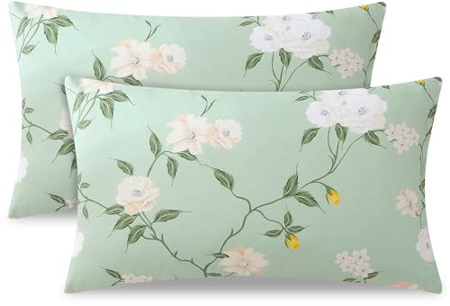 TOCOMOA Kissenbezug 40 x 80 2er Set Hellgrün und Weiß, Blumen Pflanzenmuster Kissenbezüge mit Reißverschluss, Oeko-TEX Zertifiziert, Weich und Hypoallergen Kopfkissenbezug 40x80 cm