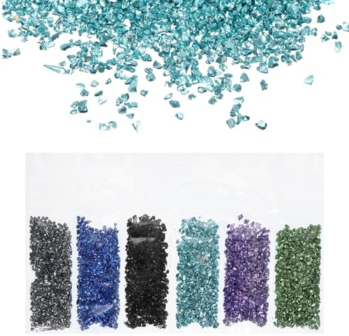 QUARKZMAN Triturado Vidrio Alto Brillo Chips 1-3mm 29G Irregular Vidrio Metálico Cristal Chips para Resina Artes Artesanía Bricolaje Jarrón Relleno, 6 Colores, Azul Verde Color Serie