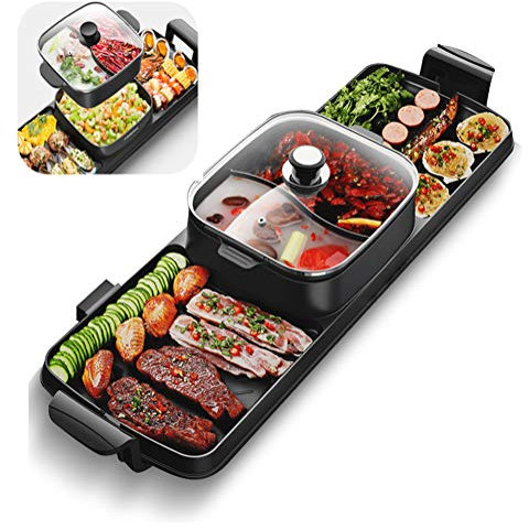 Indoor Smokeless Korean BBQ Hotpot Grill for 6-8 People - Portable Electric Hot Pot with Divider, Shabu Shabu Table Party BBQ - Non-Stick, Easy to Clean