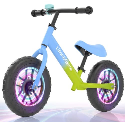 Lilian&Gema Laufrad Ab 2 Jahre Mit Bunten Beleuchteten Rädern - Höhenverstellbares Lenkrad und Sattel, 12 Zoll Balance Bike für 2-5 Jahre Kinder, Grün