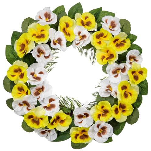 Arborus Spring Wreaths for Front Door 16 White Artificial Pansy Flower Wreath Spring Summer Door Wreath Fake Silk Floral Wreaths with Green Leaves for Farmhouse Mantle Kitchen Décor