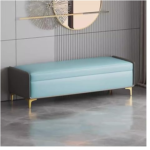Moderne Sitzbank mit Stauraum, Kunstleder, mit goldenen Beinen, extra lang, rechteckig, Fußhocker für Schlafzimmer, großer Stauraum und Hebefläche, 100 cm, Blau