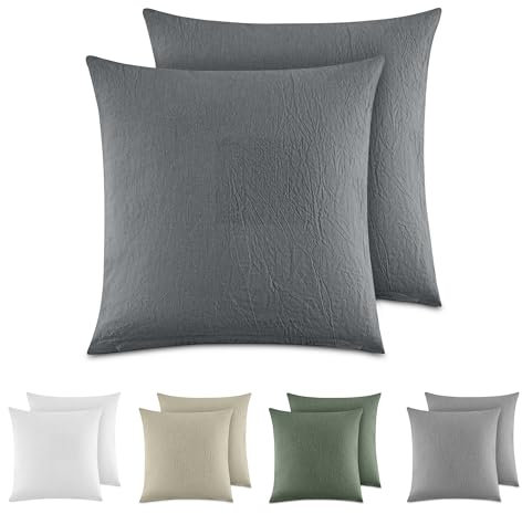 Dreamzie Kissenbezug 80x80 cm 2er Set - 100% Gewaschene Baumwolle, Dunkelgrau, Kissenbezüge Oeko-TEX Zertifiziert, Leinenoptik und Atmungsaktiv Kissenhülle, Kopfkissenbezug mit Reißverschluss