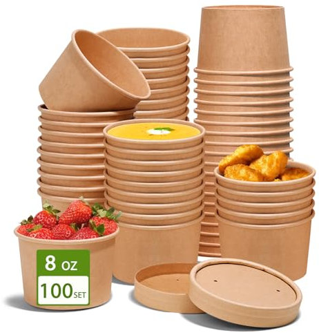DI QIU REN 100Pack 8oz Paper Soup Containers with Lids, Disposable Kraft Food Containers, To Go Hot Soup Bowls, Ice Cream Dessert Cups (100 Count, 8 oz)