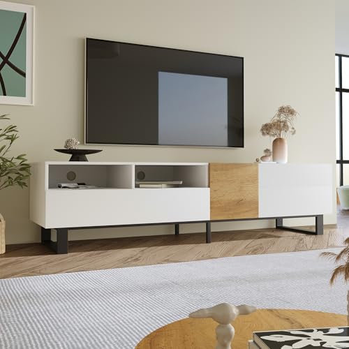 Easexcy Mueble moderno para TV de color blanco y madera, 180 x 50 x 38 cm, diseño minimalista (blanco y color madera)
