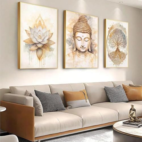 XBTYKPB Statues de Bouddha et affiches de lotus, impressions, aquarelle abstraite, arbre de vie, peintures murales sur toile pour décoration murale de la maison, 70 x 90 cm, sans cadre