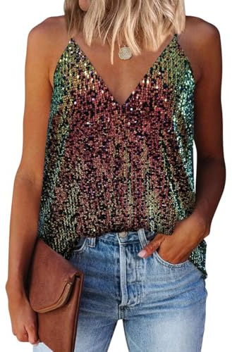 EUDOLAH Ärmellose Damen Unterhemden mit Pailletten schimmerndes Oberteil Glitzer Top Tanktops Party Tunika Glitzerbluse, Rot, Size M