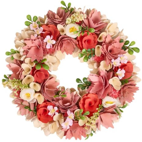 Spring Wreath Natural Wooden Garland Ornament Floral Evergreen Spring Wreaths for Front Door Summer Decoration Garden Ornaments Outdoor 35cm (Pink, White & Red)