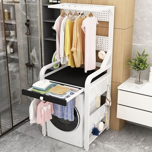 Waschmaschinenschrank Regale über Waschmaschine und Trockner mit Kleiderstange und Ausziehbaren Ablagen, Waschraum-Organisations- und Aufbewahrungsregale, Wäscheregal für Waschmaschine Oder Trockner(W
