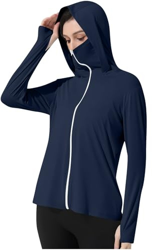 Mrat Damen-Kapuzenpullover mit UV-Schutzfaktor 50+, mit Daumenloch und Maske, Sommer, schnell trocknend, UV-Schutzjacke, langärmelig, Reißverschluss, leicht, athletisch, schmal, für Sport