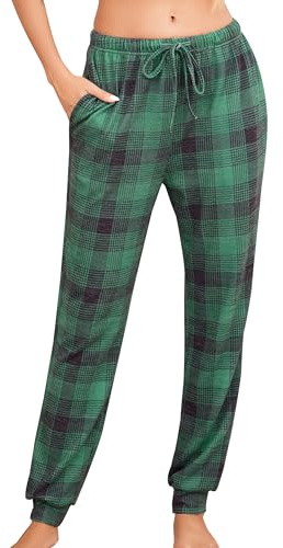 Wikoan Pantalon de Pyjama Femme en Polaire Bas Pyjama Long avec Poches Pantalon de Nuit Chaud Doux Vêtements de Nuit à Carreaux S-XXL
