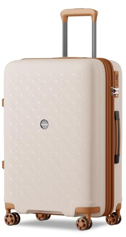 Kono Maleta Mediana 24 Pulgadas PP Expandible - Portavasos Ajustable, Gancho, Cremallera Antirreventón, Cerradura TSA, 4 Ruedas 360° (Crema/Marrón)