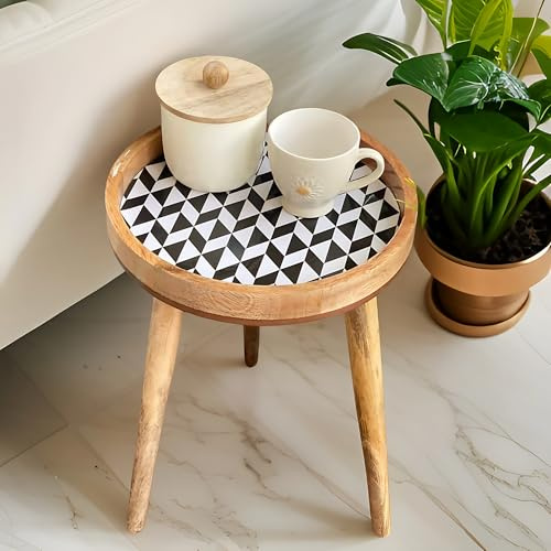 Hartsmede Mango Wood Side Table 13 – Handmade Boho Accent with Resin-Coated Enamel Top, Lightweight & Strong, Detachable Legs, Small Round End or Bedside Table (Monochrome 24)