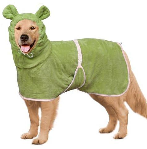 Dog Bathrobe Super Absorbent Towel Robe - Microfiber Bath Towels Fast Drying Coat for Dogs, Cute Dogs Clothes Adjustable Collar & Belly Strap Warm Keeping Hooded Dog Towel (Olive Green, X-Large)