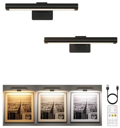 EZVALO Kabellose Wandleuchte, Wiederaufladbare Bilderlampe, kabellos mit IR-Fernbedienung, 3 Farben & dimmbar, magnetische LED-Beleuchtung für Gemälde, Wohnzimmer (Schwarz,2 Stück)