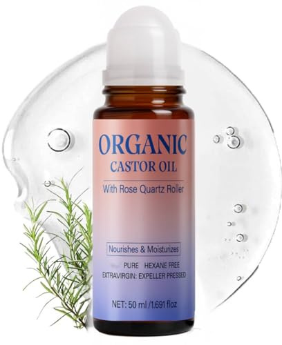 Castor Oil Organic with Rose Quartz Roller, Rizinusöl Kaltgepresst Bio, Nicht Fettende, Erfrischende Textur, Feuchtigkeitsspendendes Rizinusöl für Haare, Haut und Körperpflege (1)