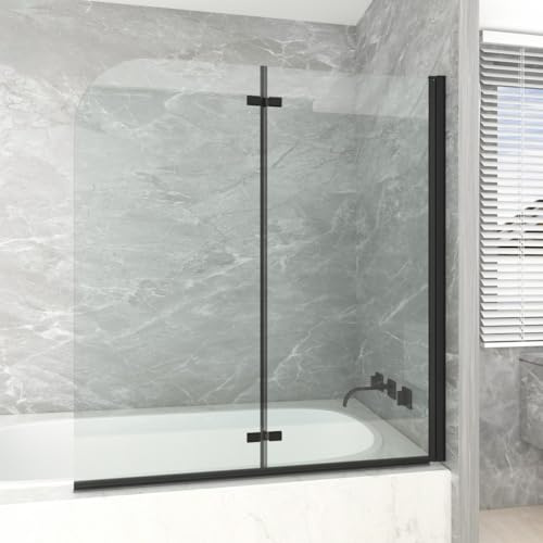 T&K Duschwand für Badewanne 130x140cm Schwarz, 2 teilig Faltbar Glas Badewannenwand 5mm Gehärtetes Sicherheitsglas Beidseitig Leicht Zu Reinigen Badewannenaufsatz Duschabtrennung für Badewanne