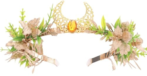 MOSTORY Elfenkrone Feen Haarreif für Waldfee Kostüm Damen, Gold Grün Haarschmuck mit Blätter und Mond für Cosplay Karneval Elfen Schmuck