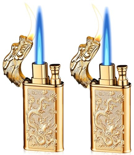 2 Stück Feuerzeug: Sturmfeuerzeug mit edlem Drachen-Relief, verstellbare Stichflamme & weiche Flamme, nachfüllbares Butanfeuerzeug für Kerzen, Küche, Camping (ohne Gas), Gold