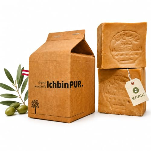 Original Alepposeife 2x150g Olivenöl Naturseife für Haut, Haar - IchbinPUR | 100% Olivenöl, traditionell gereift. Vegan, plastikfrei, ideal für Haut, Haare, Bart & Rasur