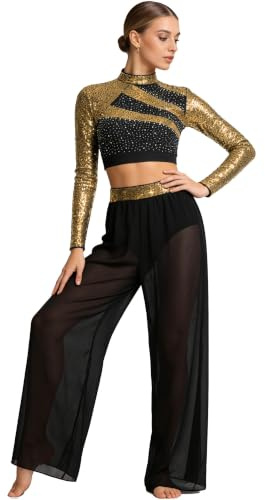 Xnihocha Women Lyrical Dance Costumes Backless Long Sleeve Crop Top with Wide Leg Trousers Set for Stage Performance